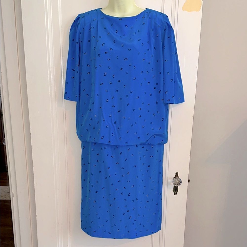 Vintage 80s Liz Claiborne Blue Blouson Drop Waist Short  Sleeve‎ Polyester Dress